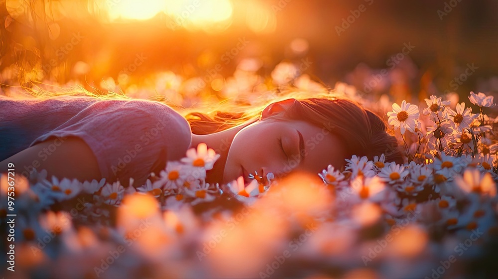 A serene moment of a woman resting among vibrant flowers, bathed in the warm glow of sunset, embodying peace and tranquility.