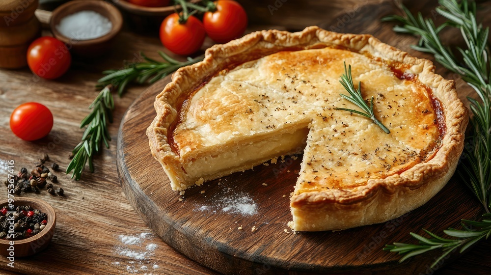 A savory pie, golden and baked, with a slice missing. Fresh rosemary, tomatoes, and seasoning like salt and pepper surround it on a wooden table. A healthy home-cooked meal A savory pie, golden and baked, with a slice missing. Fresh rosemary, tomatoes, and seasoning like salt and pepper surround it on a wooden table. A healthy home-cooked meal