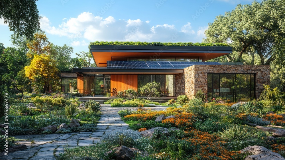 Modern house surrounded by lush gardens and vibrant flowers. Modern house surrounded by lush gardens and vibrant flowers.