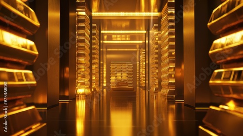 A secure vault with high stacks of gold bars, glistening under bright light. The polished gold surfaces symbolize wealth and financial power photo