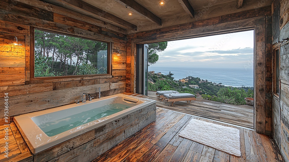 A rustic bathroom made from reclaimed wood, perched on a mountain with a view of the ocean. A rustic bathroom made from reclaimed wood, perched on a mountain with a view of the ocean.