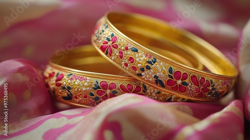 A set of decorative Indian gold bangles, intricately designed with floral patterns, placed on a soft silk fabric, showcasing their artistic beauty