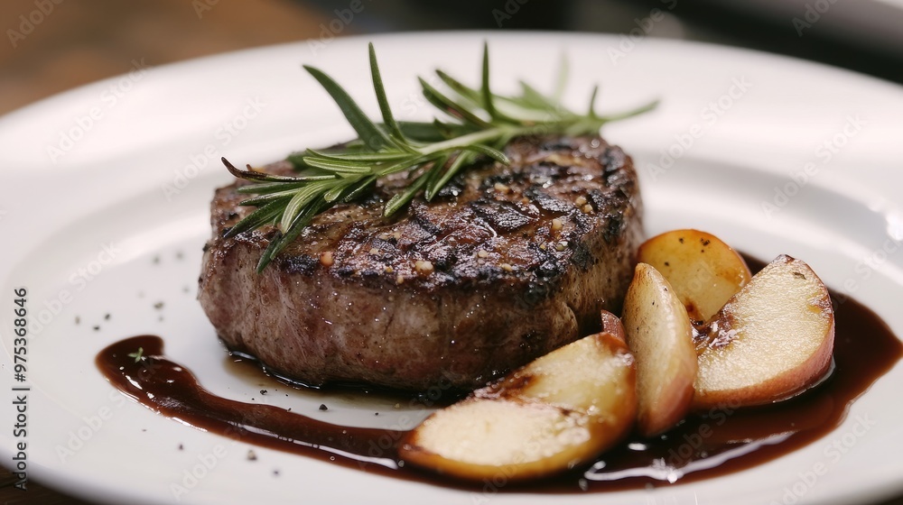 A savory grilled beef steak paired with caramelized apples and fresh rosemary, elegantly plated for a fine dining experience. A savory grilled beef steak paired with caramelized apples and fresh rosemary, elegantly plated for a fine dining experience.