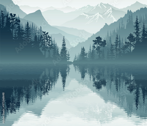 Mountain lake at dawn, wild forested gorge, misty silhouettes of ridges, vector illustration