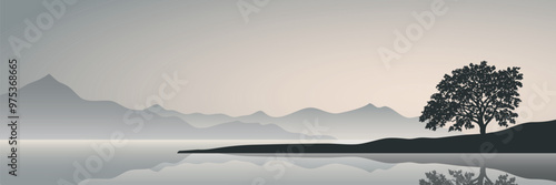 Mountain lake at dawn, minimalistic landscape, panoramic view, vector illustration