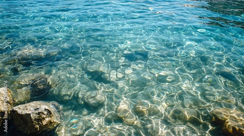 Wallpaper Mural A serene view of crystal clear water reflecting sunlight, revealing smooth stones beneath the surface. Torontodigital.ca