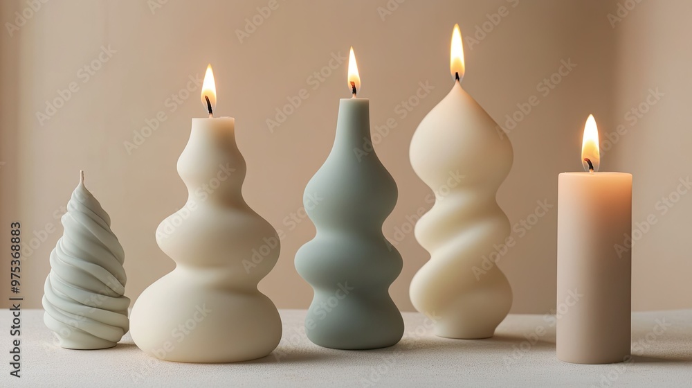 A set of natural soy wax candles, each handmade and uniquely shaped, arranged in a minimalistic and eco-friendly aesthetic. A set of natural soy wax candles, each handmade and uniquely shaped, arranged in a minimalistic and eco-friendly aesthetic.