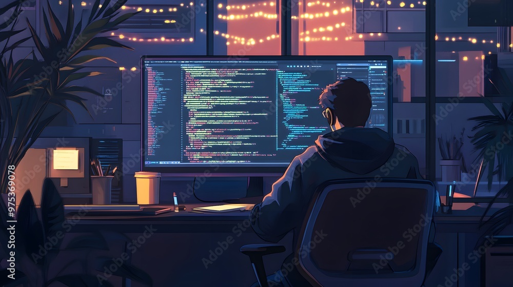 A Programmer Working Late at Night with a City View A Programmer Working Late at Night with a City View