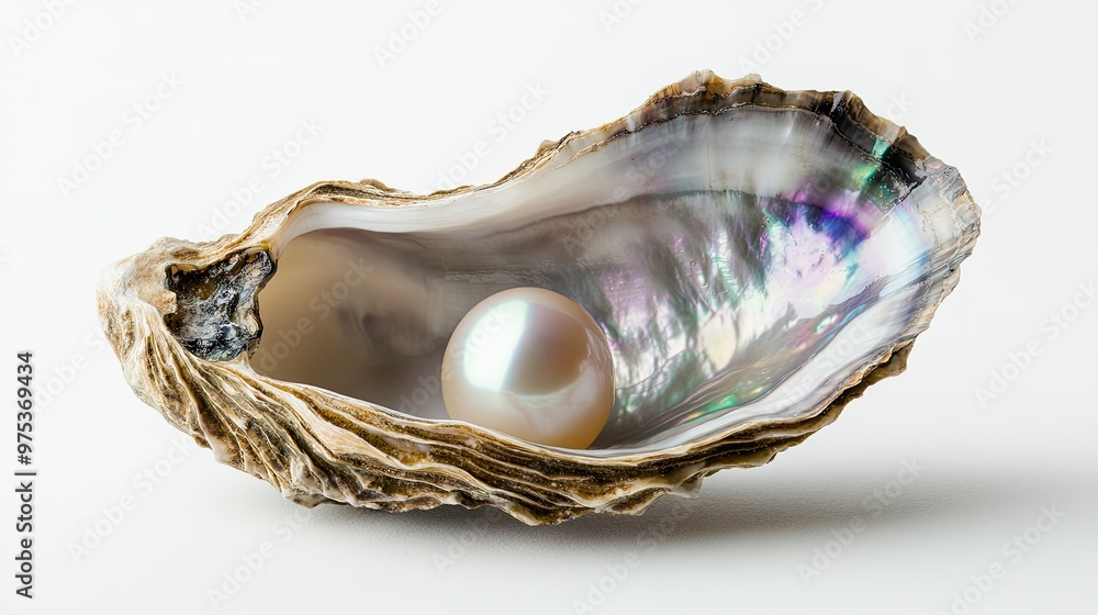 A single, lustrous natural pearl nestled inside an open oyster shell, close-up shot on a white background. The mother-of-pearl shines with iridescent colors. A single, lustrous natural pearl nestled inside an open oyster shell, close-up shot on a white background. The mother-of-pearl shines with iridescent colors.
