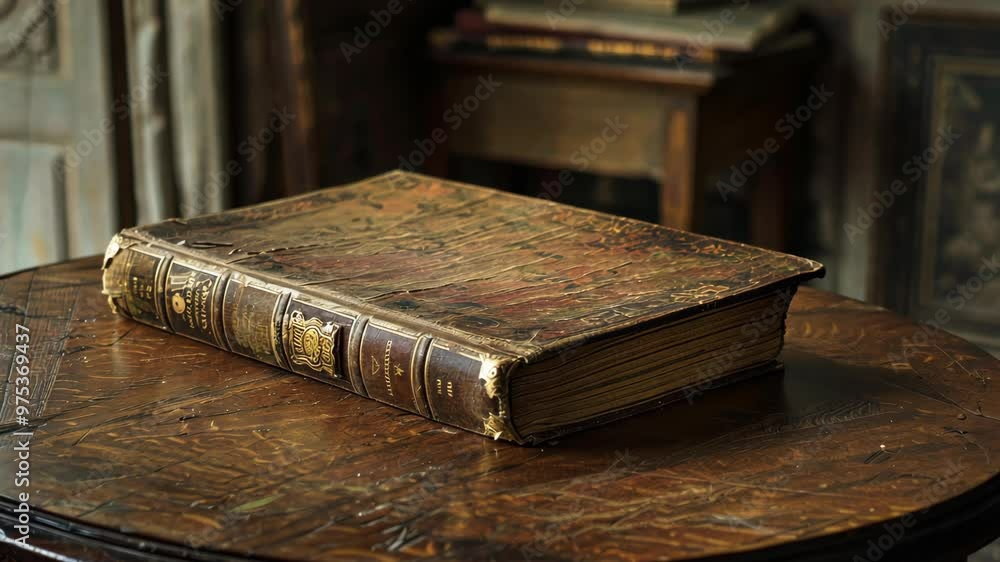 Exploring an ancient book's intricate details in a historic library setting Exploring an ancient book's intricate details in a historic library setting
