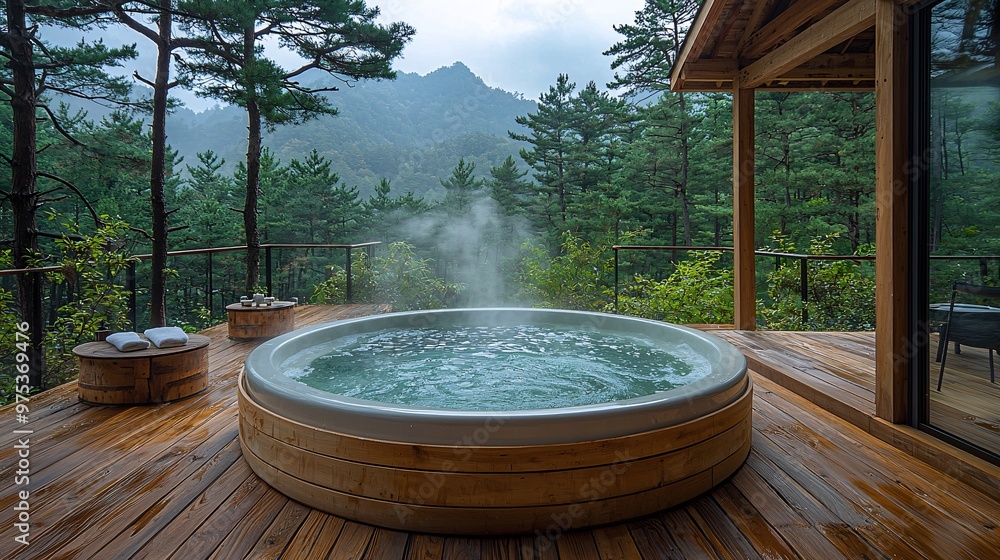 A bathroom with a private hot spring, nestled in a forest with mountains and sea views. A bathroom with a private hot spring, nestled in a forest with mountains and sea views.