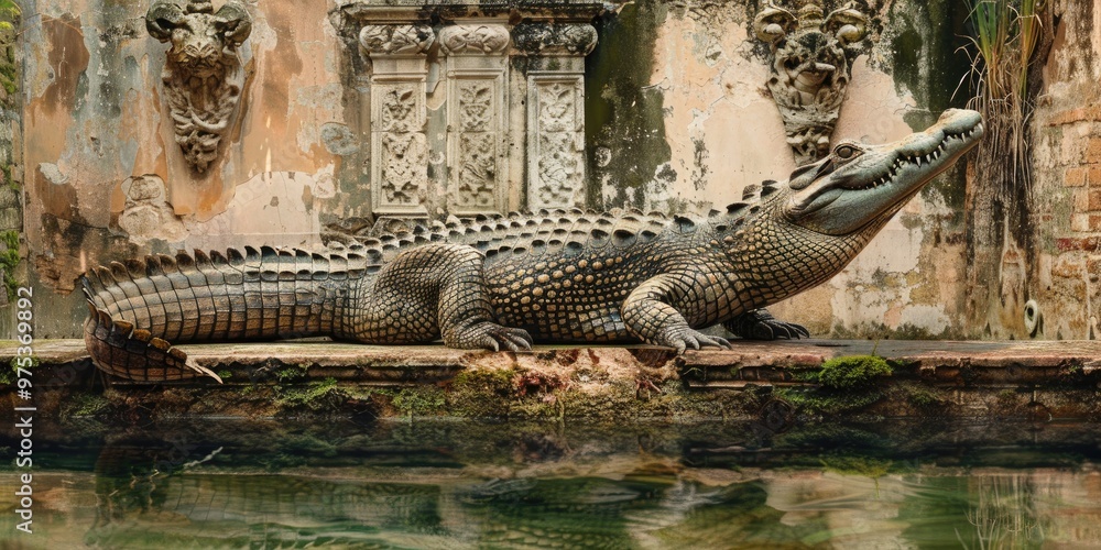 The stationary crocodile resembled a statue, going unnoticed by passersby. The stationary crocodile resembled a statue, going unnoticed by passersby.