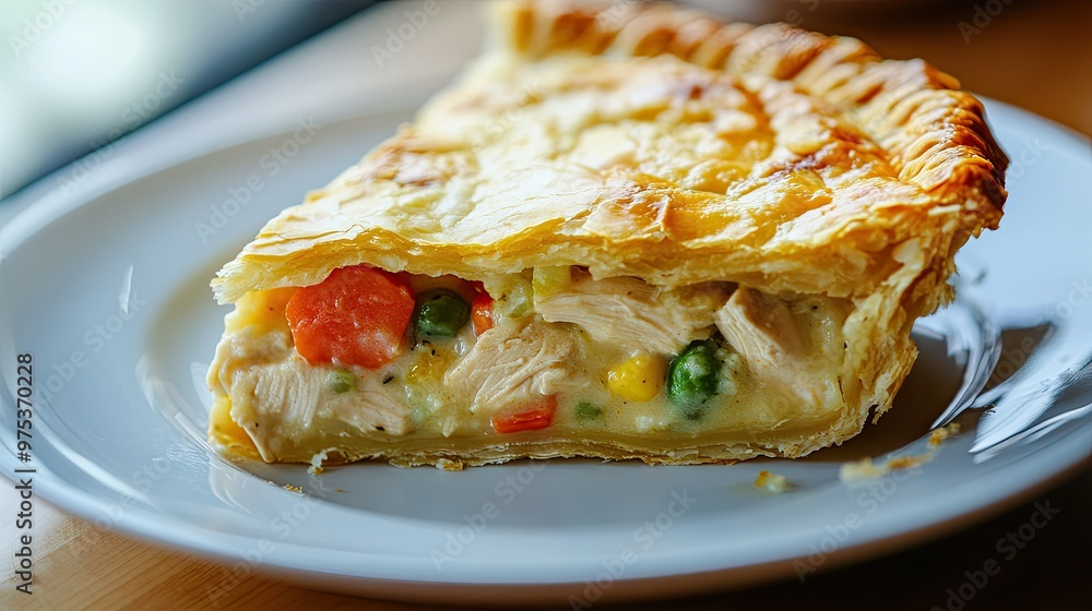 A slice of golden chicken pot pie with a flaky crust, revealing the rich, creamy filling of chicken and vegetables inside. A comforting, home-cooked meal A slice of golden chicken pot pie with a flaky crust, revealing the rich, creamy filling of chicken and vegetables inside. A comforting, home-cooked meal