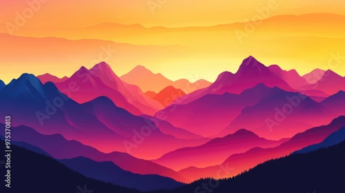 A stunning vector illustration of mountains silhouetted against a colorful sunset sky, featuring warm shades of orange, pink, and purple.