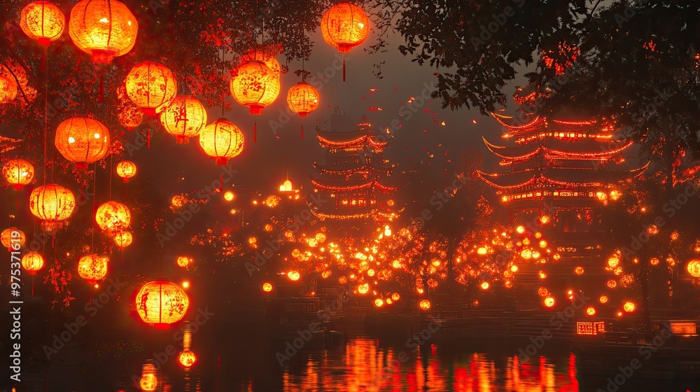 A scene of a city with many lanterns hanging from trees and buildings