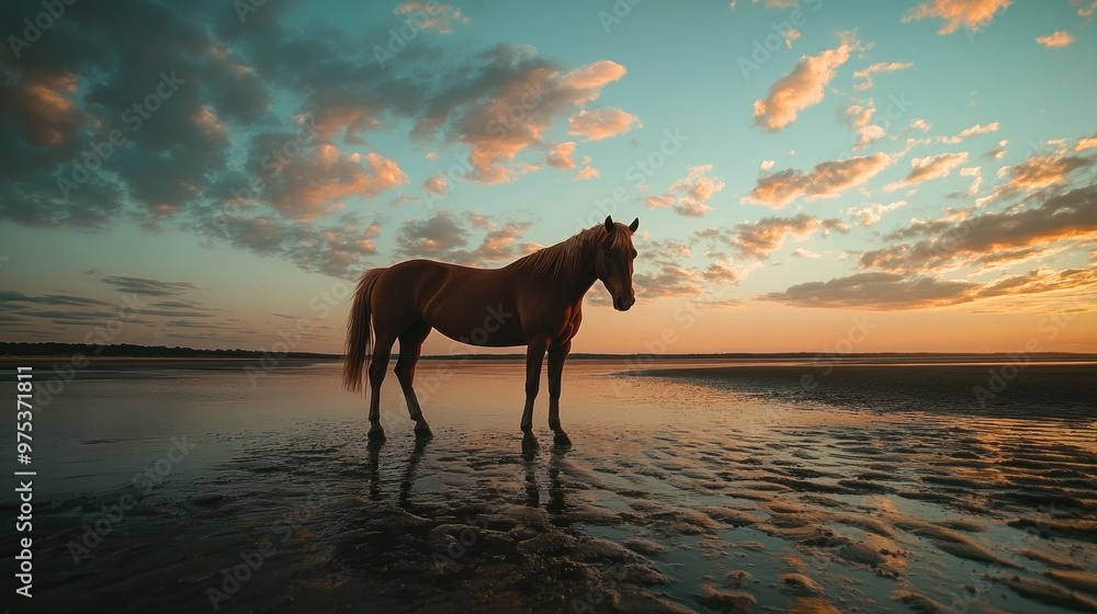 A tranquil scene of a brown horse on a sandy beach, with the dramatic hues of a sunset sky and scattered clouds A tranquil scene of a brown horse on a sandy beach, with the dramatic hues of a sunset sky and scattered clouds