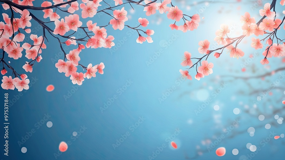 A beautiful blue sky with pink flowers in the background A beautiful blue sky with pink flowers in the background