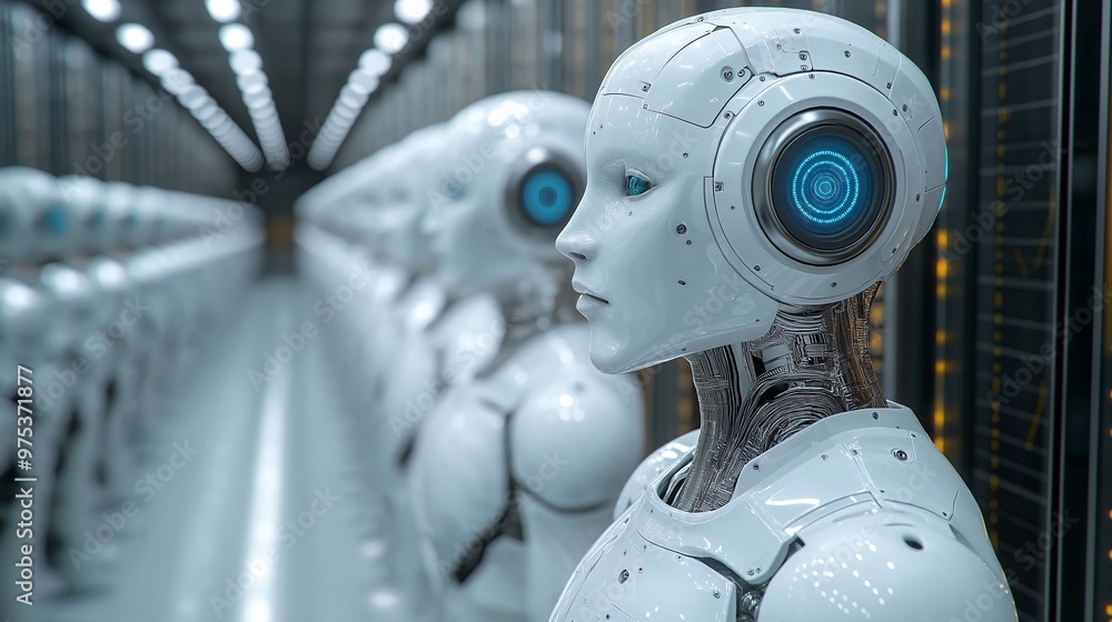 Fototapeta premium AI robots lined up in the corridor inside the database server room. training, innovation, future automation approach, development.