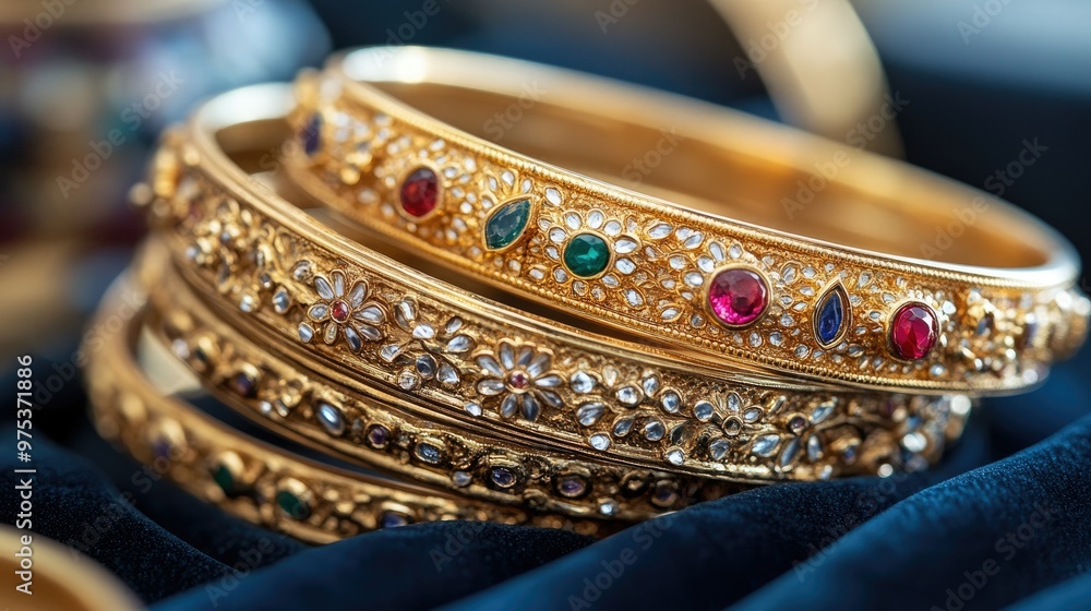 A stack of Indian gold bangles featuring intricate designs and gemstone accents, displayed on a velvet surface to highlight their decorative elegance A stack of Indian gold bangles featuring intricate designs and gemstone accents, displayed on a velvet surface to highlight their decorative elegance