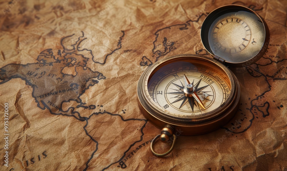 A simple, bronze antique compass on an old world map A simple, bronze antique compass on an old world map