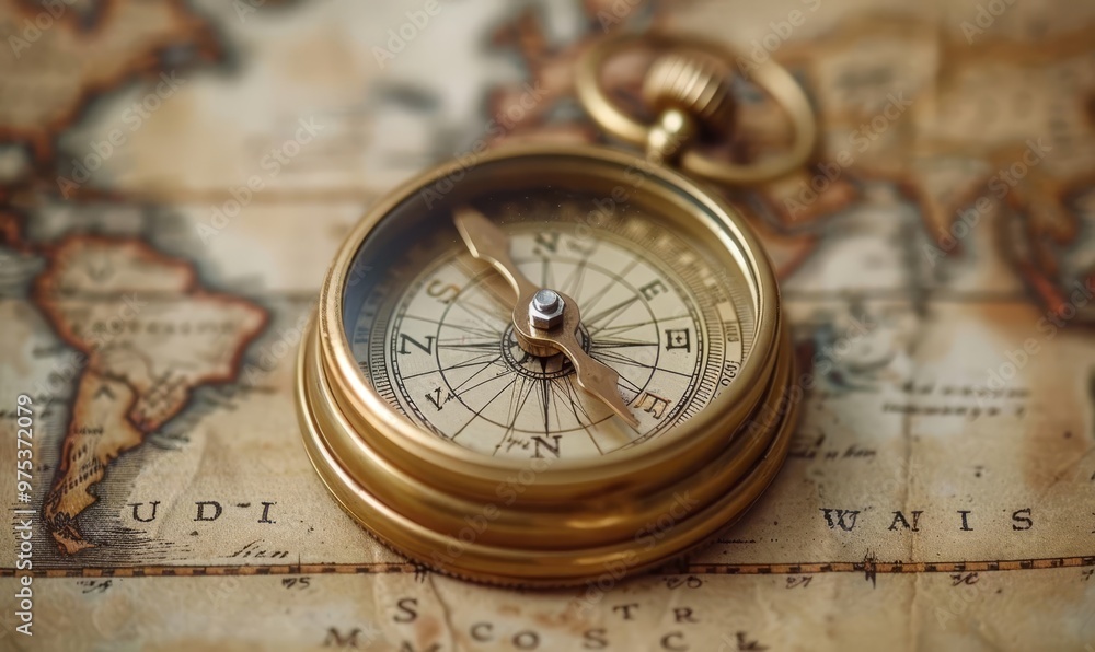 A simple, bronze antique compass on an old world map A simple, bronze antique compass on an old world map