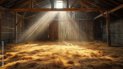 A weathered, empty barn with hay on the floor, dusty wooden beams, and soft sunlight streaming in, creating a rustic scene.