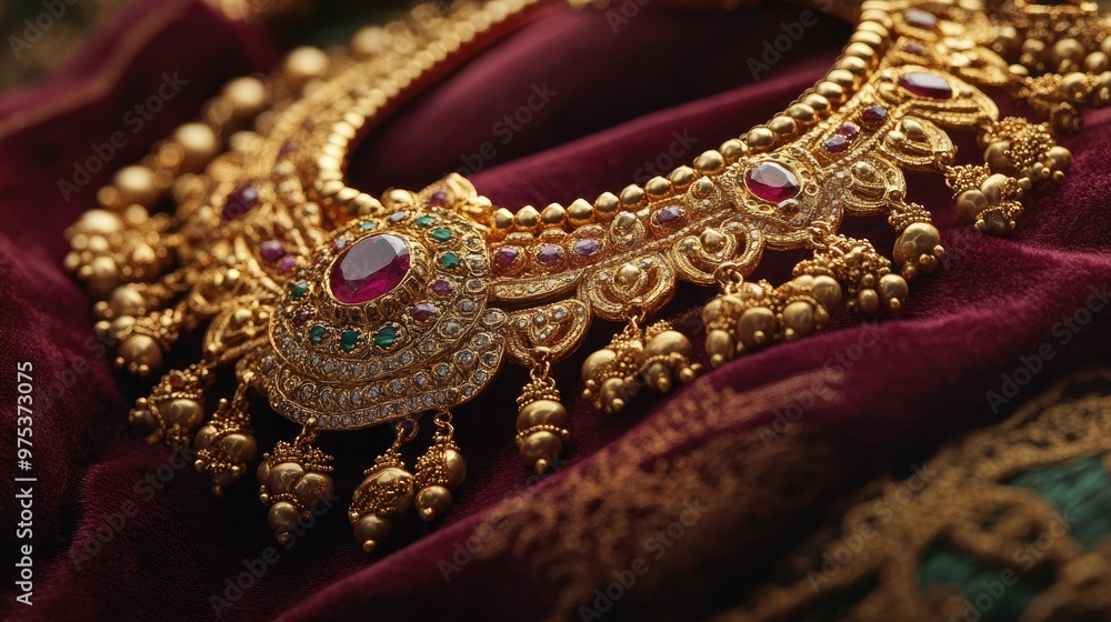 Obraz premium A stunning gold necklace with intricate designs and gemstone accents, arranged on a velvet background, showcasing the brilliance of luxury jewelry