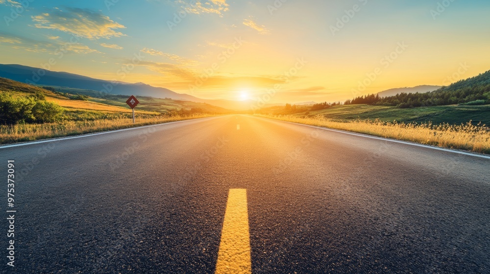 Fototapeta premium Scenic Sunset Highway Winding Through Picturesque Rural Countryside Landscape