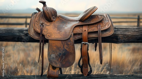 A simple, brown leather saddle resting on a fence under open skies photo