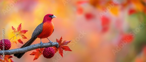 Vibrant Red Bird Perched on Branch with Autumn Leaves