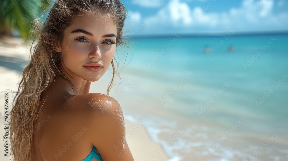 Sun-Kissed Paradise: A beautiful woman with tousled blonde hair, gazing confidently at the camera, embodies the essence of carefree summer vibes on a pristine tropical beach. Sun-Kissed Paradise: A beautiful woman with tousled blonde hair, gazing confidently at the camera, embodies the essence of carefree summer vibes on a pristine tropical beach.