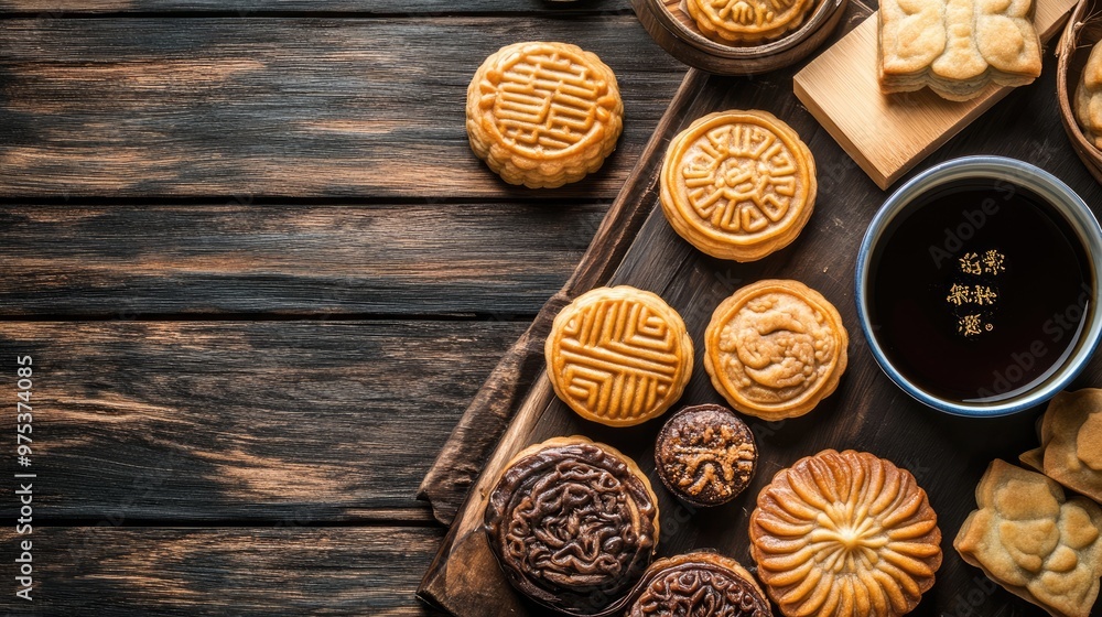A wooden table with a variety of pastries and a cup of coffee A wooden table with a variety of pastries and a cup of coffee