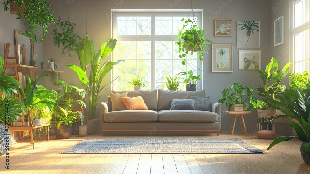 Fototapeta premium A bright and airy living room with a large window, a comfortable couch, a rug, and an abundance of potted plants.