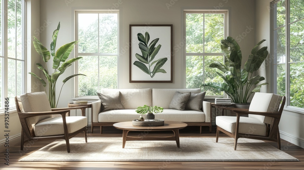 A bright and airy living room with large windows, a white sofa, two armchairs, and a coffee table. There are plants in the room and a framed print on the wall. A bright and airy living room with large windows, a white sofa, two armchairs, and a coffee table. There are plants in the room and a framed print on the wall.