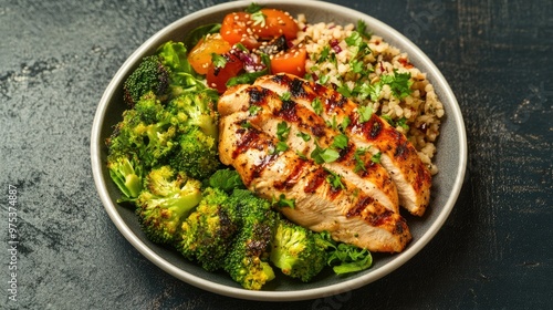 A well-balanced meal with grilled roast chicken breast, fresh salad, and broccoli florets. The perfect nutritious plate for those prioritizing health and flavor