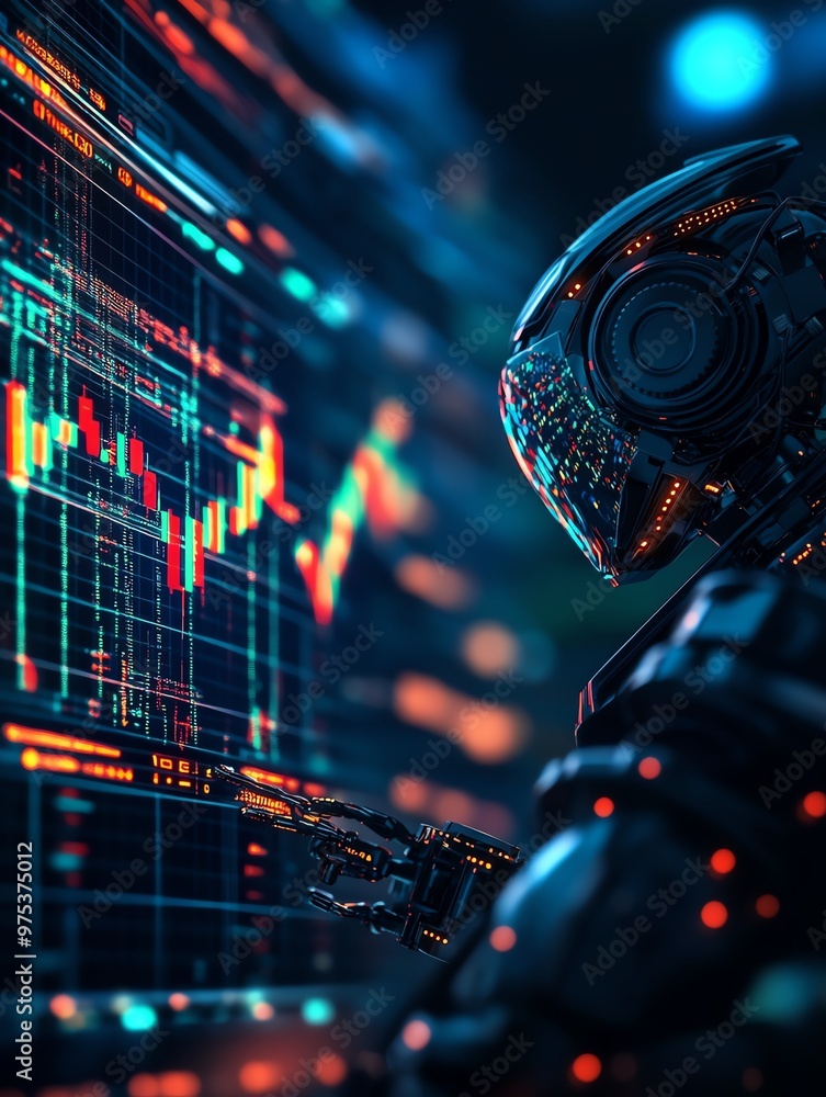 Robotic trader in a hightech trading room, interacting with a floating holographic stock chart, financial AI, robot managing digital stock trades Robotic trader in a hightech trading room, interacting with a floating holographic stock chart, financial AI, robot managing digital stock trades