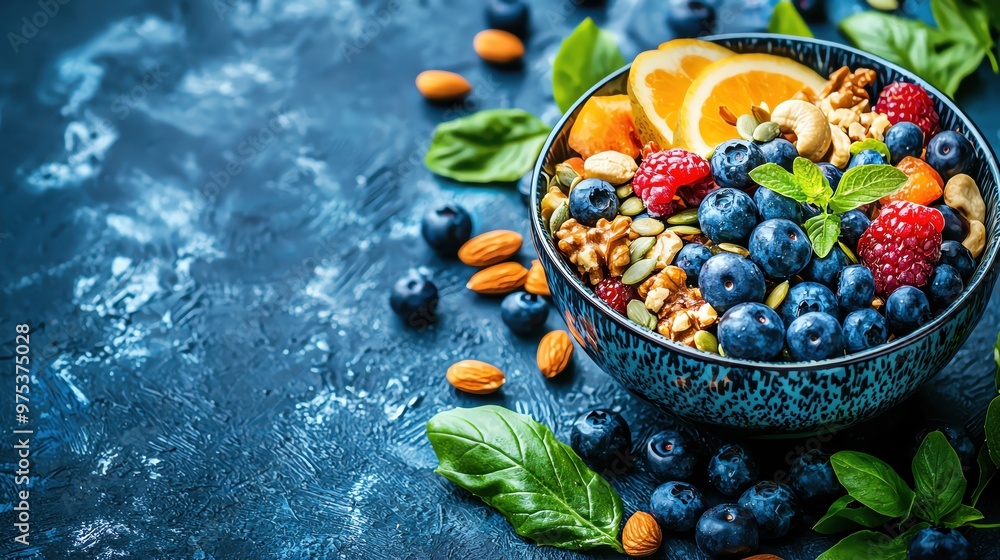 Colorful Fruit Salad bowl topped with blueberries Colorful Fruit Salad bowl topped with blueberries
