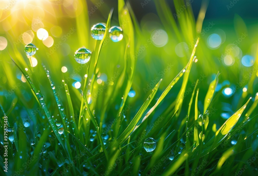 Fototapeta premium vibrant green lawn glimmering fresh morning dew sunlit outdoor setting, aesthetic, alive, biodiversity, blooming, botanical, bright, charm, daylight