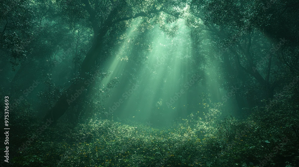 Obraz premium Enchanted forest with sunlight filtering through trees.