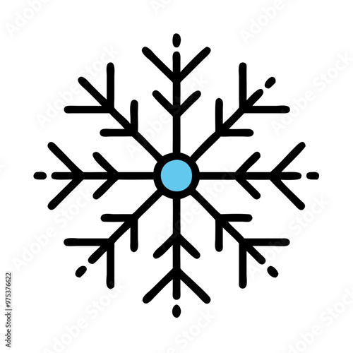 Minimalist snowflake icon with blue center, winter symbol