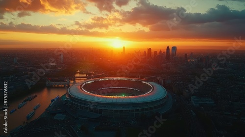 Aerial shot of Wembley Stadium concert with sunset skies, capturing the energy of the crowd and the scenic beauty of Londonaes skyline. photo