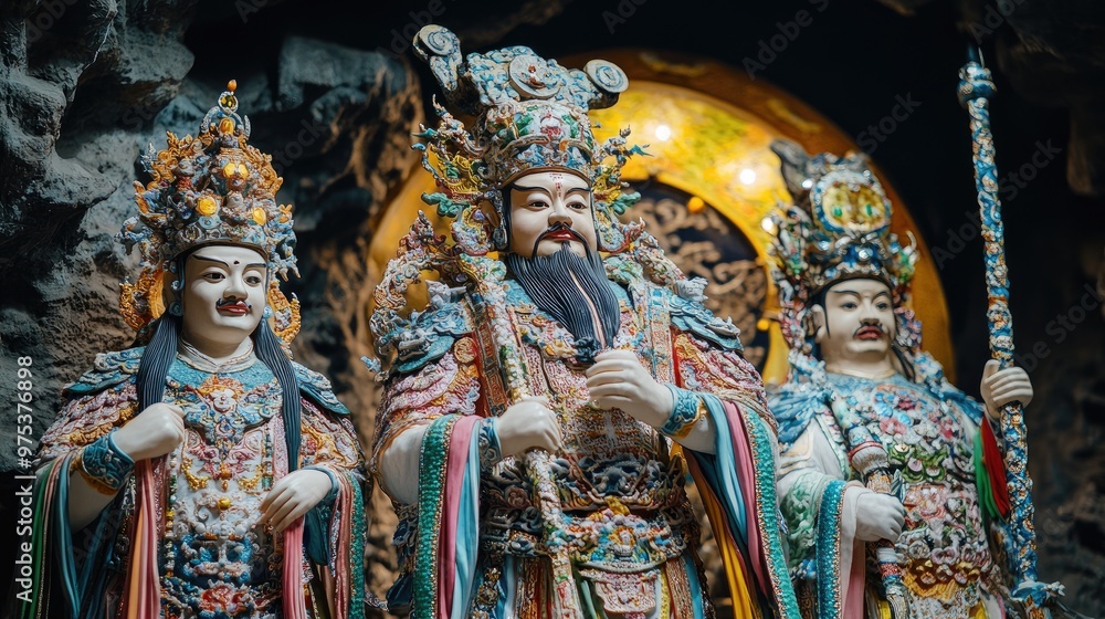 Three statues of men with long beards and gold and blue robes Three statues of men with long beards and gold and blue robes