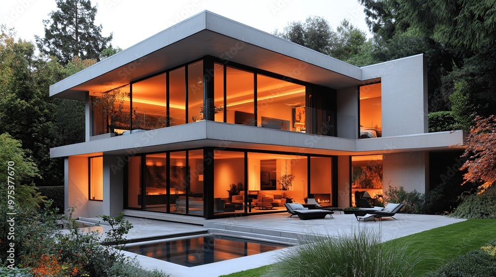 Modern house with large windows and a swimming pool. Modern house with large windows and a swimming pool.