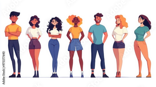 Characters representing diverse body shapes, showcasing different waist-to-hip ratios, heights, and builds, each embracing their form, white background  photo