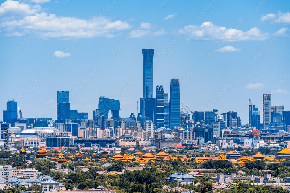 High view scenery of Beijing International Trade CBD and the Forbidden City in China High view scenery of Beijing International Trade CBD and the Forbidden City in China