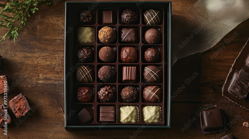 Artisan chocolate gift box featuring a variety of flavors and textures, from smooth truffles to crunchy pralines. Decorative ribbon adds a touch of elegance. Artisan chocolate gift box featuring a variety of flavors and textures, from smooth truffles to crunchy pralines. Decorative ribbon adds a touch of elegance.