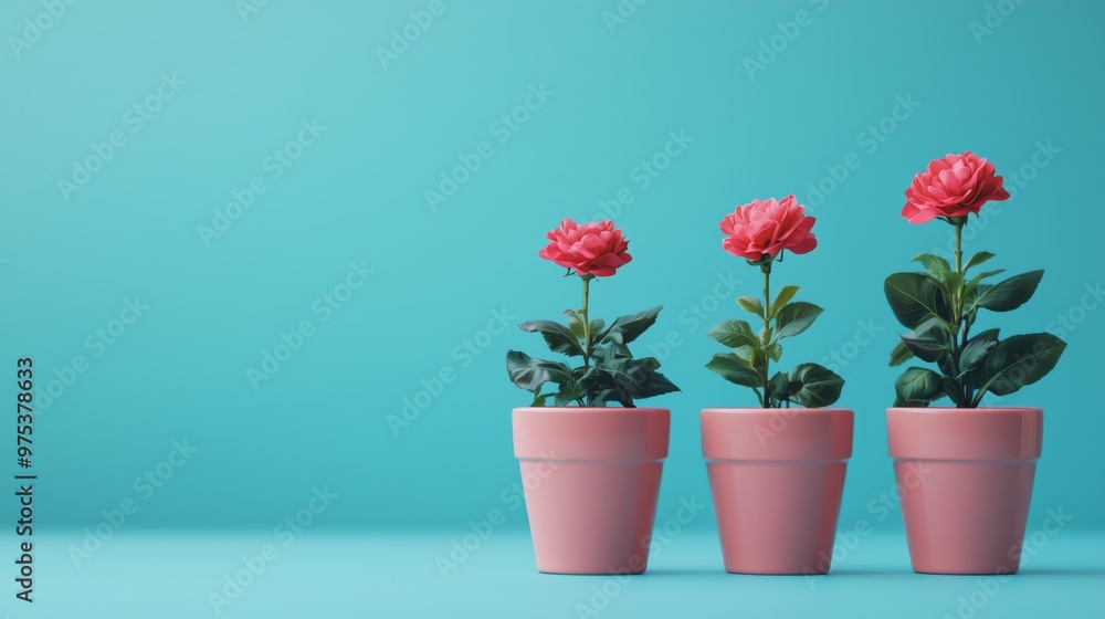 Three vibrant red roses in pink pots arranged neatly on a blue background, symbolizing beauty, growth, and nature. Three vibrant red roses in pink pots arranged neatly on a blue background, symbolizing beauty, growth, and nature.