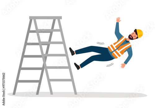 Worker in a helmet falling from step ladder. Industrial safety and occupational health at work.