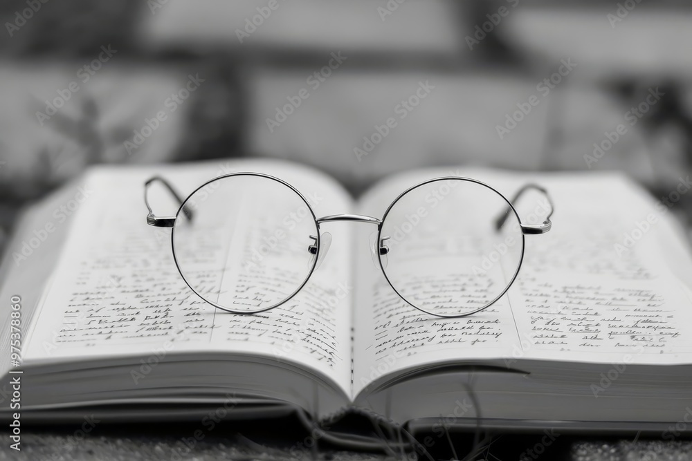 A simple pair of round, wireframed glasses resting on an open, blank notebook A simple pair of round, wireframed glasses resting on an open, blank notebook