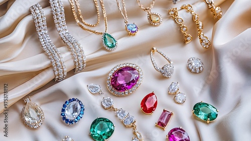 Assorted gem necklaces, rings, and earrings with vibrant stones laid out on luxurious fabric and a white background, highlighting their sparkle.